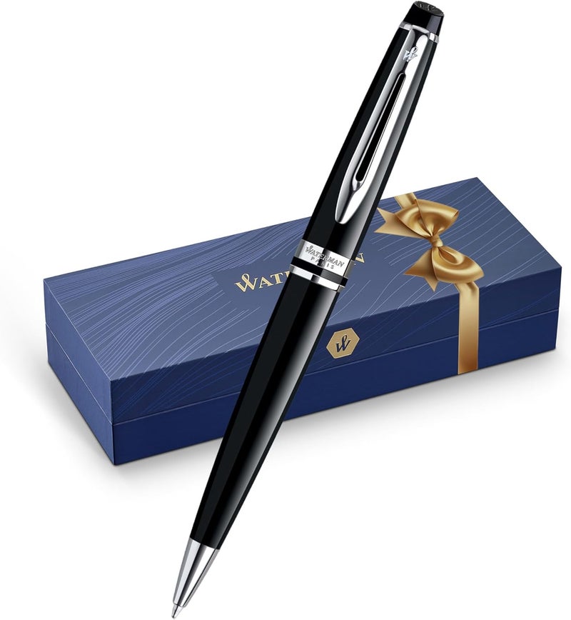 Waterman Expert Ballpoint Pen in Gloss Black with Chrome Trim - Medium Point Blue Ink Cartridge, Gift Box Included - Image 1